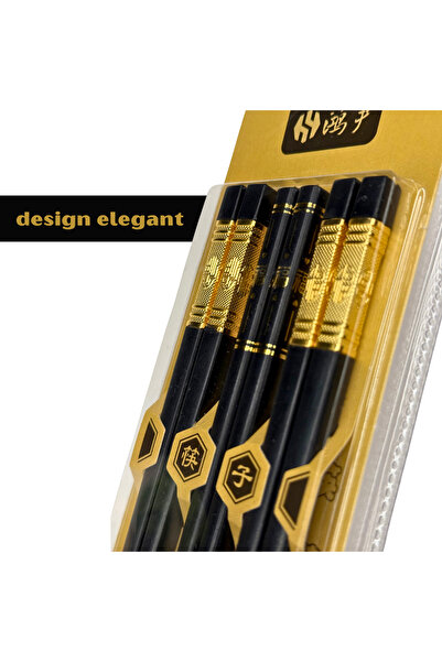 OEM Set of 3 Chinese Chopsticks, reusable PVC+iron, 24 cm, black/gold
