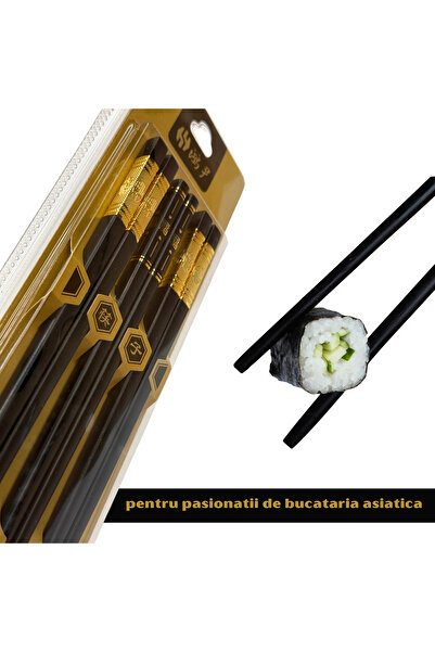 OEM Set of 3 Chinese Chopsticks, reusable PVC+iron, 24 cm, black/gold