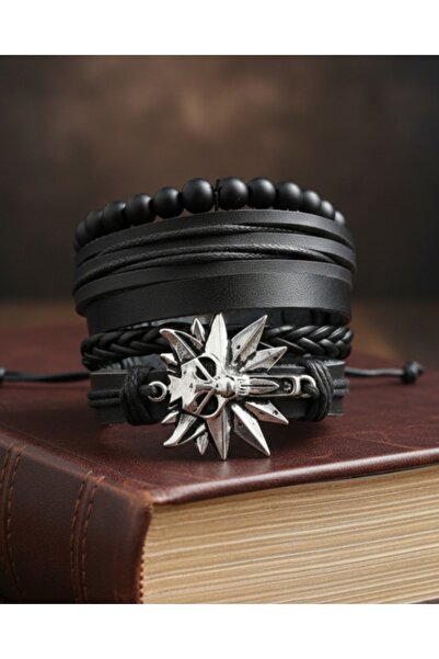 BSN Store 5-Piece Men's Bracelet Wolf Figure Genuine Leather Bracelet Onyx Bead Bracelet