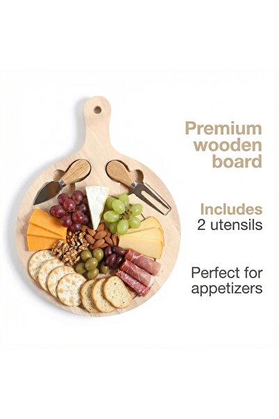 Mooniva wooden cheese platter 2-piece with stainless steel utensils, round, 30x30 cm