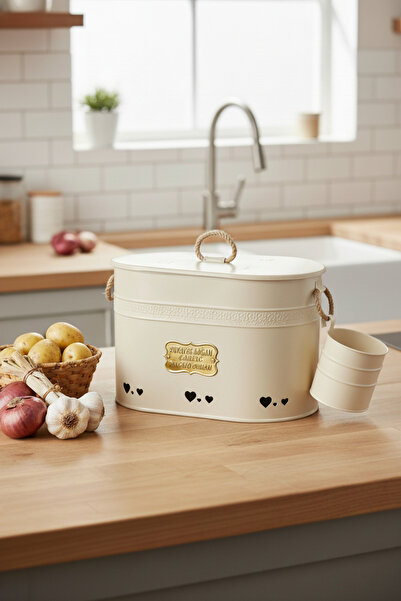 Milenay Oval Metal Potato Onion Garlic Bucket, Kitchen Organizer with 2 Compartment Design and Garlic Chamber
