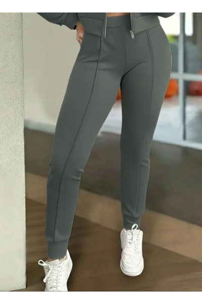 Pazarcan Women's Long Sleeve Front Zipper Short Modal Jacket and Pants Two-Piece Set