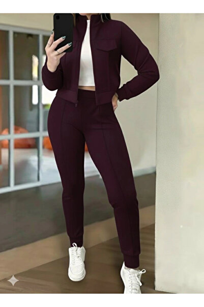 Pazarcan Women's Long Sleeve Front Zipper Short Modal Purple Jacket and Pants Two-Piece Set