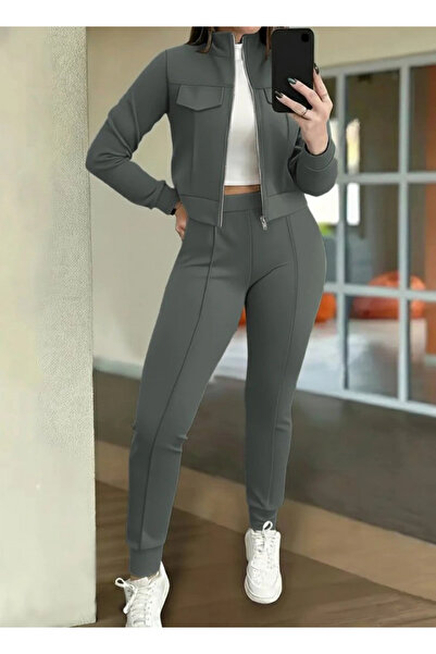 Pazarcan Women's Long Sleeve Front Zipper Short Modal Jacket and Pants Two-Piece Set