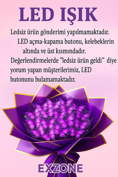 exzone LED IŞIKLI MOR KELEBEK BUKETİ ANNEYE SEVGİLİYE ARKADAŞA HEDİYE YAPAY ÇİÇEK