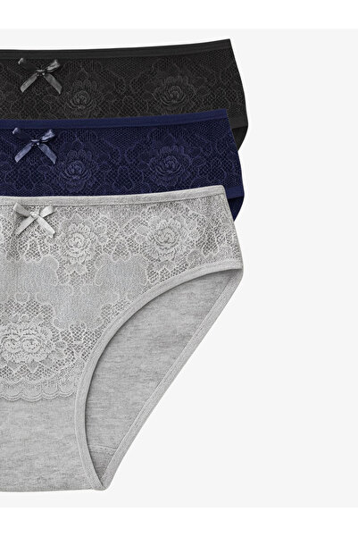 IPL Γυναικεία εσώρουχα, Γυναικεία εσώρουχα με δαντέλα, βαμβακερά σετ 3 τεμαχίων (Μαύρο Ναυτικό Γκρι)