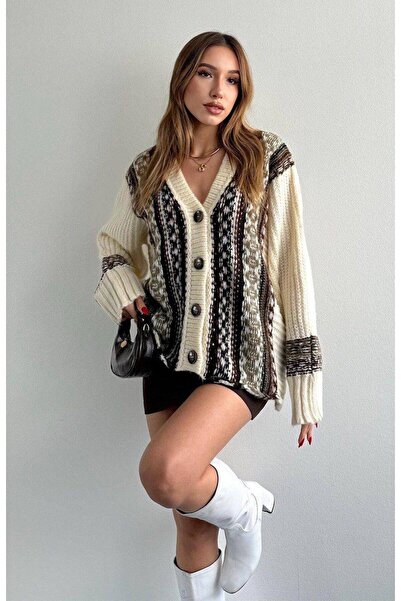 MATTİMODA Etnik Desenli Kadın Oversize Örme Hırka