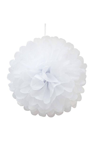 partidolu Beyaz Renk Pelur Kağıt Ponpon Çiçek Asma Süs 25 cm 1 Adet gösteri yılbaşı
