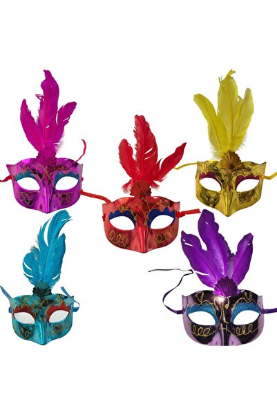 partidolu Mor Pembe Altın Kırmızı Mavi Tüylü Simli Plastik Parti Maskesi 5 Adet yılbaşı