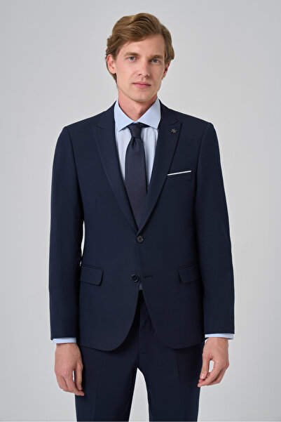 Morven Men's Navy Blue Basic Plain Slim Fit Suit (Shirt, Tie Gift)