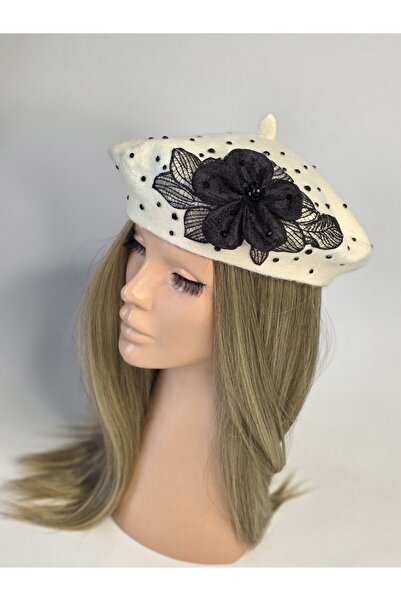 Senbeno Design ÖZGÜN TASARIM 3D DANTEL ÇİÇEK VE TAŞLI EKRU KADIN FRANSIZ RESS...