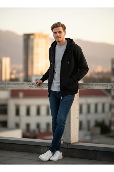 MELLORENZO Μαύρο φλις μπουφάν με κουκούλα και τσέπες με φερμουάρ