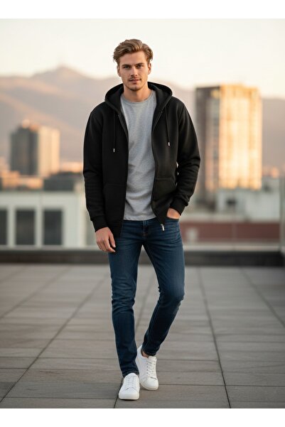 MELLORENZO Μαύρο φλις μπουφάν με κουκούλα και τσέπες με φερμουάρ