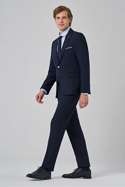 Morven Men's Navy Blue Basic Plain Slim Fit Suit (Shirt, Tie Gift)