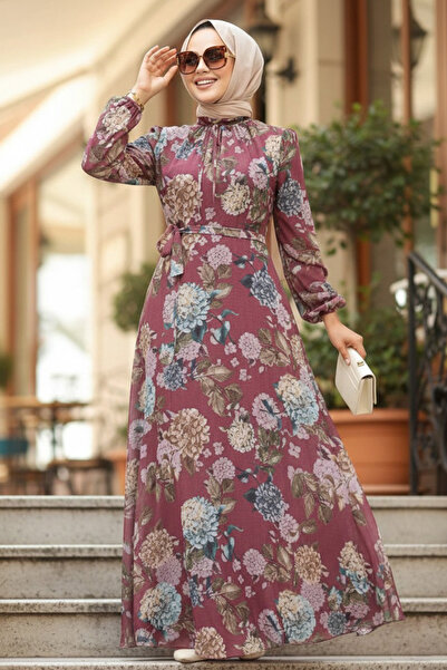 Neva Style Rochie hijab cu model floral trandafir închis 279083KGK