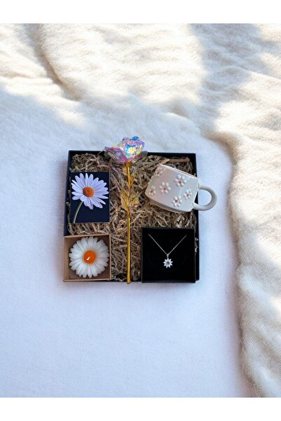 MARMORİ KİŞİSELLEŞTİRİLEBİLİR PAPATYA EL YAPIMI SERAMİK KUPA SONSUZLUK GÜL EPOKSİ ANAHTARLIK MUM  SETİ