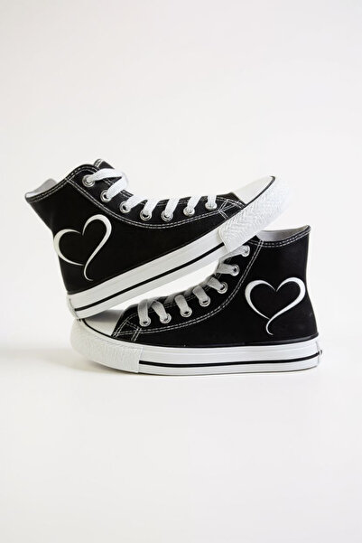 Lideral Unisex Siyah Beyaz Kalp Aşk Baskılı Model Rahat Keten Bilekli Sneaker...