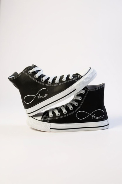 Lideral Unisex Black White Endless Printed Convers Model Comfortable Linen High Top Sneaker Casual Sports Shoes