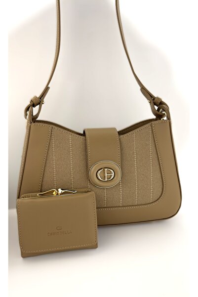 Chrisbella Handbag with detachable Strap and mini Wallet. Colour: Khaki . dimensions: 28x8x17cm