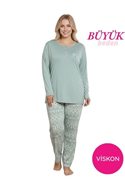 ALİMER Set de pijamale cu mânecă lungă pentru femei, cu model etnic verde, cu...