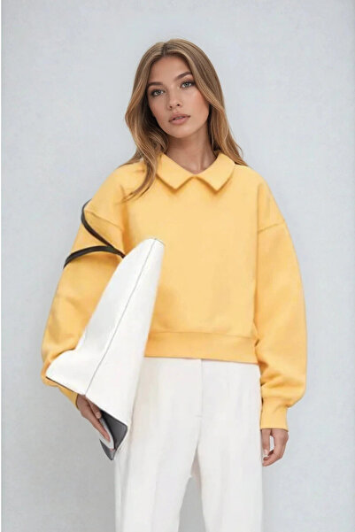 poupee Polo Yaka Sarı Sweatshirt, Kadın Sarı Sweat, 3iplik Sweatshirt
