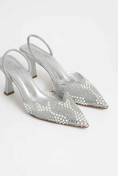 Beyond Women's Silver Crystal Bead Detailed Strappy Pointed Toe Evening Dress Shoes 8.5 cm Byndprs06