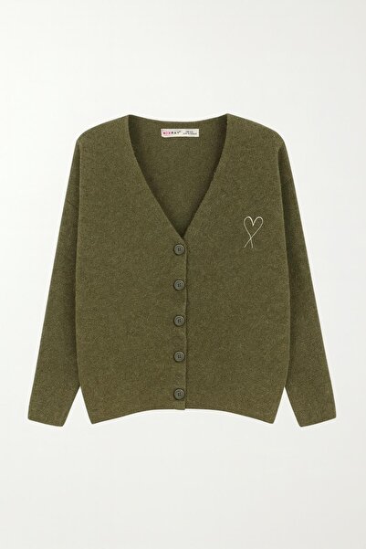 Mixray 6953 Women's Oversized Wool Blended Premium Heart Embroidered Cardigan Khaki