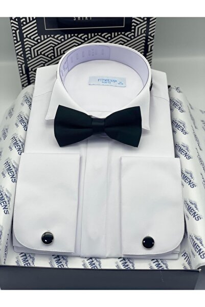 Fitmens Slim Fit Long Sleeve Notch Lapel Hidden Button Tuxedo Groom Wear Men's Shirt Fs-004297 - White