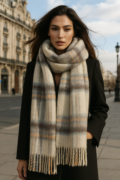 Luminos Butik Γυναικείο μπεζ καρό μοτίβο κασκόλ-σάλι SAL1297