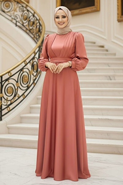 Neva Style Βραδινό φόρεμα από σατέν με λεπτομέρεια από ανοιχτό ροζ τριμμένο χρώμα 40621AGK