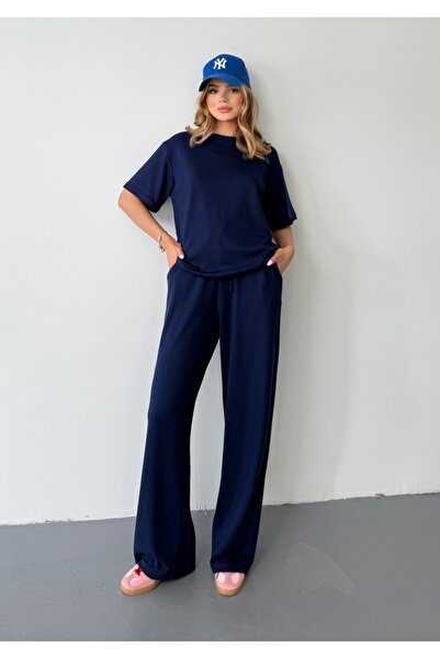 BEJNA Kobieta Granatowy Modal Krótki Rękaw Soft Touch Zestaw Sportowy