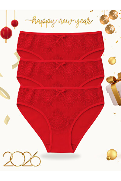 IPL Women's Panties, Women's Lace Detail Cotton 3-Piece Panties Set (Red)