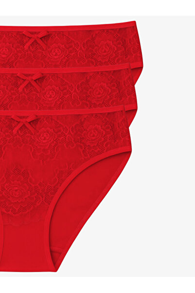 IPL Women's Panties, Women's Lace Detail Cotton 3-Piece Panties Set (Red)