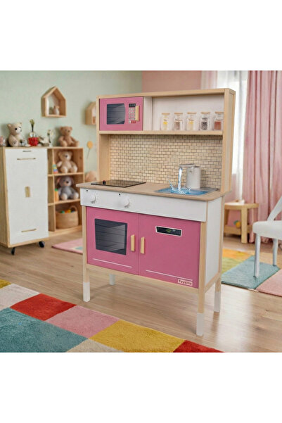 Toysilla Su Akan Musluklu Ledli Ahşap Çocuk Mutfak Seti Pembe Büyük Boy