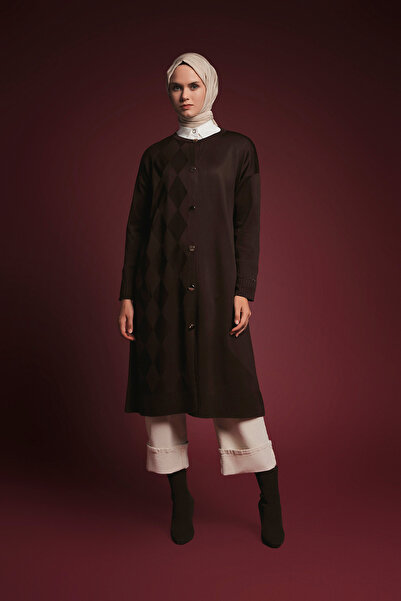 Armine Buttoned Diamond Patterned Long Knitwear Cardigan