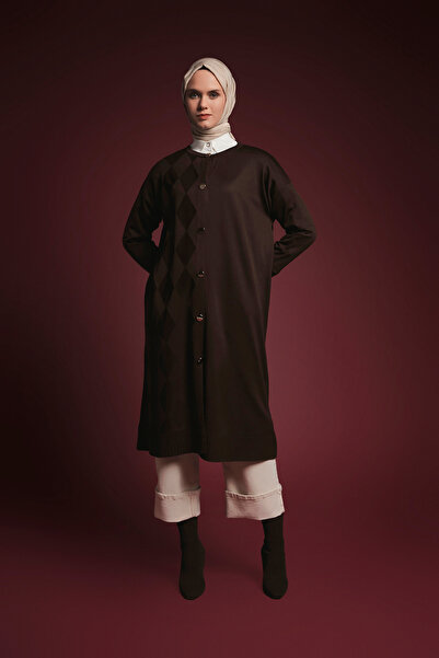 Armine Buttoned Diamond Patterned Long Knitwear Cardigan