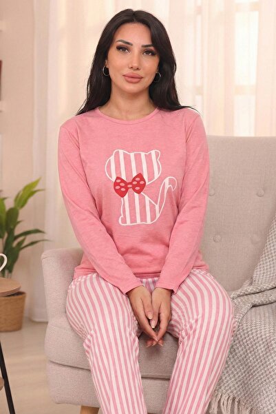 Niket Life ΡΟΖ Μακρυμάνικο Σετ Πιτζάμες με σχέδιο γάτας - με κορδέλα