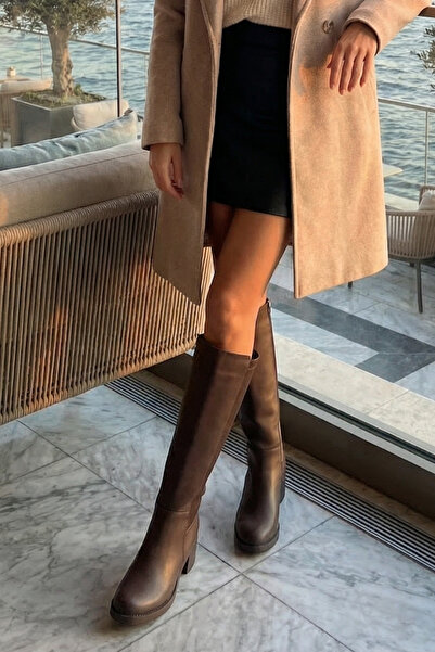 Limeo Hořkohnědý kožený vzhled, strečová zadní část, flexibilní, silné, středně vysoké podpatky, dlouhé boty na zip