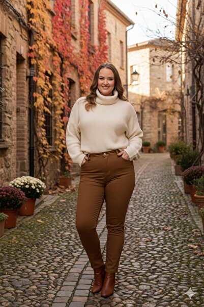 RMG Βαμβακερό παντελόνι Plus Size Camel Color