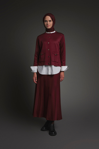 Armine Buttoned Jacket with Pocket Detail and Pleated Skirt Bottom-Top Knitwear Set