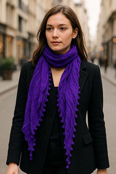 Gönülden Tasarım 30X150 Cm Pânză cu pompon pentru femei, eșarfă pentru gât, mov