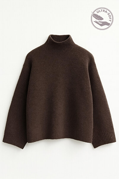 Mixray 6998 Women's Batwing Sleeve Wool Blend Turtleneck Knit Sweater Brown