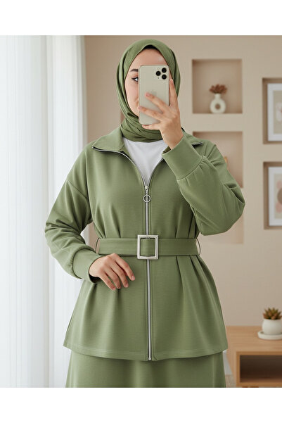 Modamorfo Combed Cotton Suit with Folded Waist, Front Zipper, and Belted Skirt - Çağla Y.