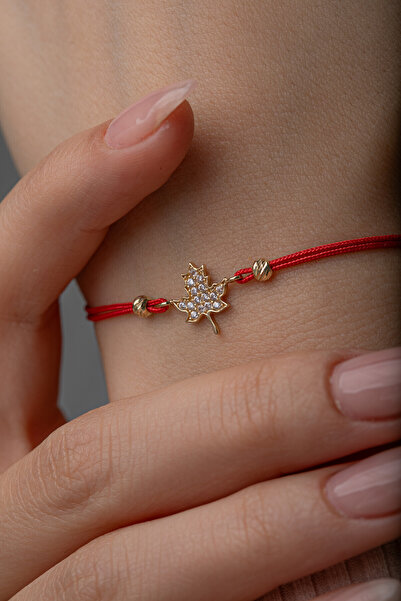 Kolyecik 14 Ayar Altın İpli Çınar Yaprağı Bileklik