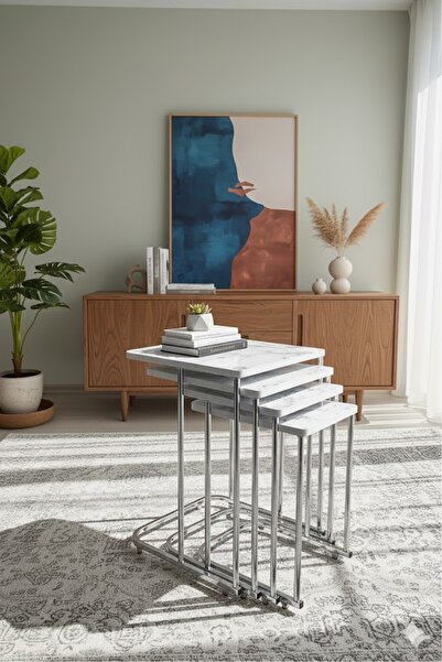 HOLLKA 4 Lü Demonte Metal Ayak Sehpa Mermer Desenli