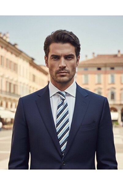 1001 Kravat Blue Striped Classic Tie - 8 cm Width