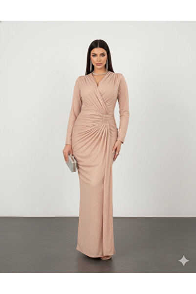 CAREZZA drapat Rochie lungă asimetrică cu fantă cu sclipici - Bej auriu