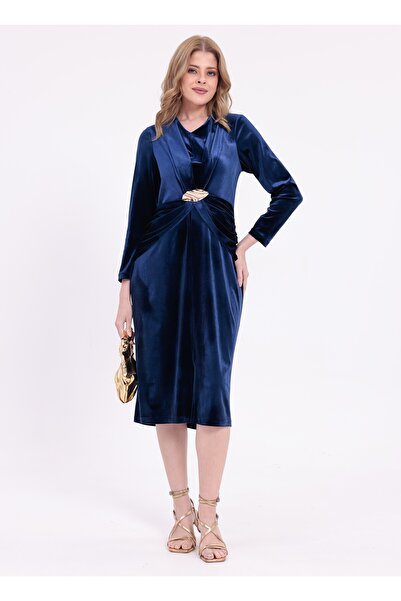 etselements Luxury Velvet Fabric, Elegant Buckle Detail Dress Ets1006