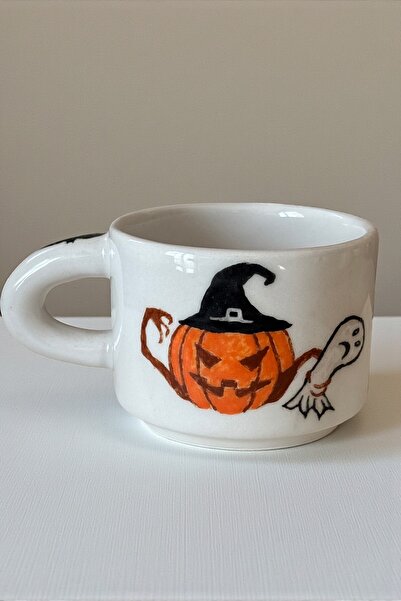 YUUGI CERAMIC El Yapımı Seramik Kupa Hayalet Avcısı Balkabağı Desenli Kupa Bardak 180ml Mug