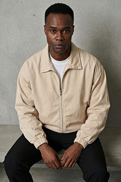 freemen Men's Basic Gabardine Fabric Zippered Oversized Transitional Polo Collar Beige Jacket